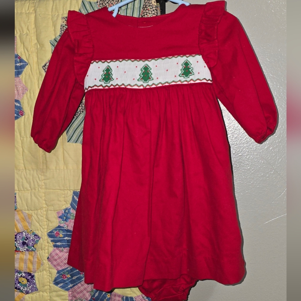 EDGEHILL COLLECTION Holiday Dress with Tree Embroidery/Smocking